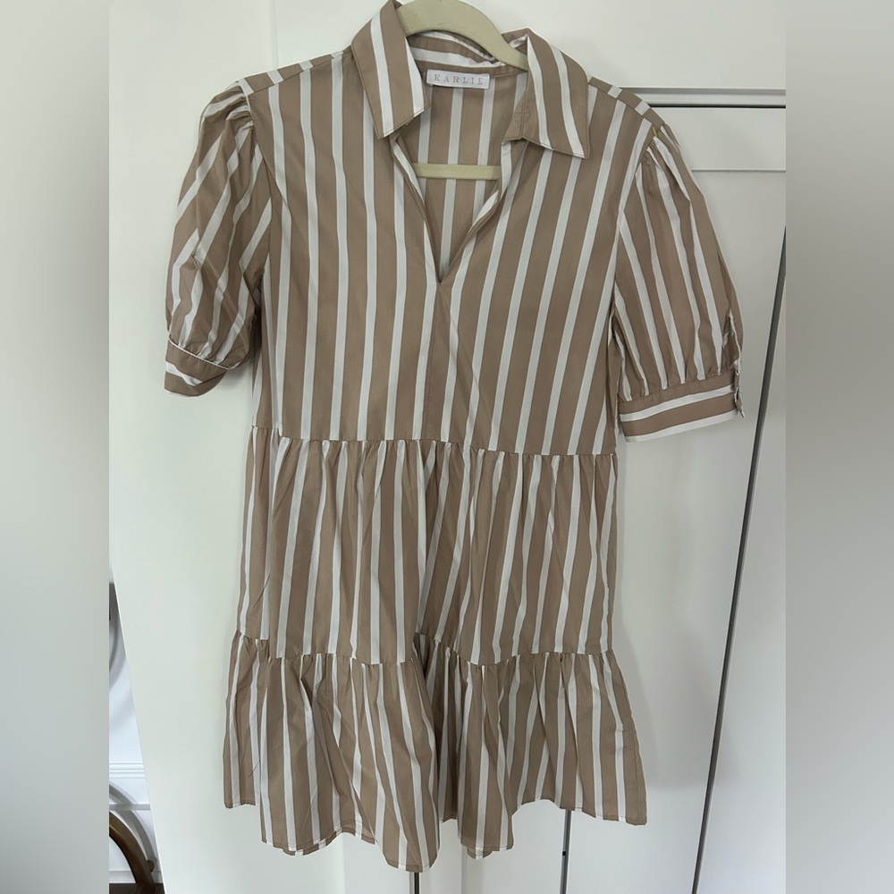 Karlie Poplin Striped Tan and White Dress - Picture 2 of 6